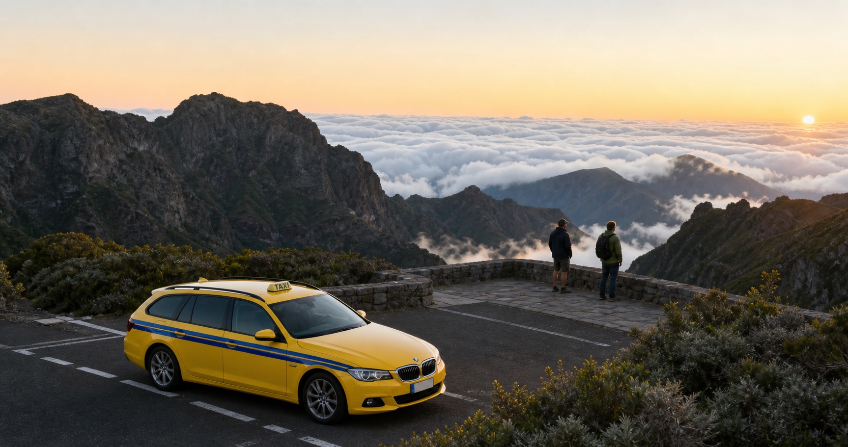 A yellow Madeira taxi with blue side stripes parked at a mountain viewpoint above the clouds